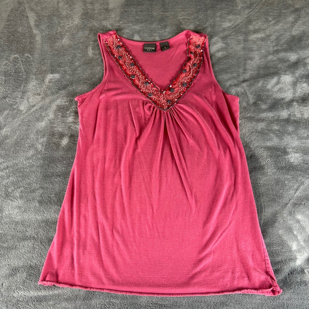 Copper‎ Key Womens XL Pink Beaded Sequin Lace V-Neck Sleeveless Tank Top